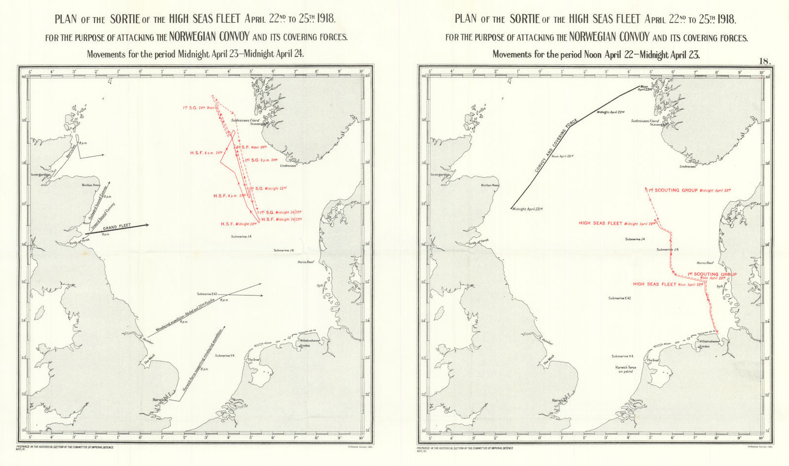 Norwegian Convoy April 22-25 1918. German High Seas Fleet plan. WW1 1931 map
